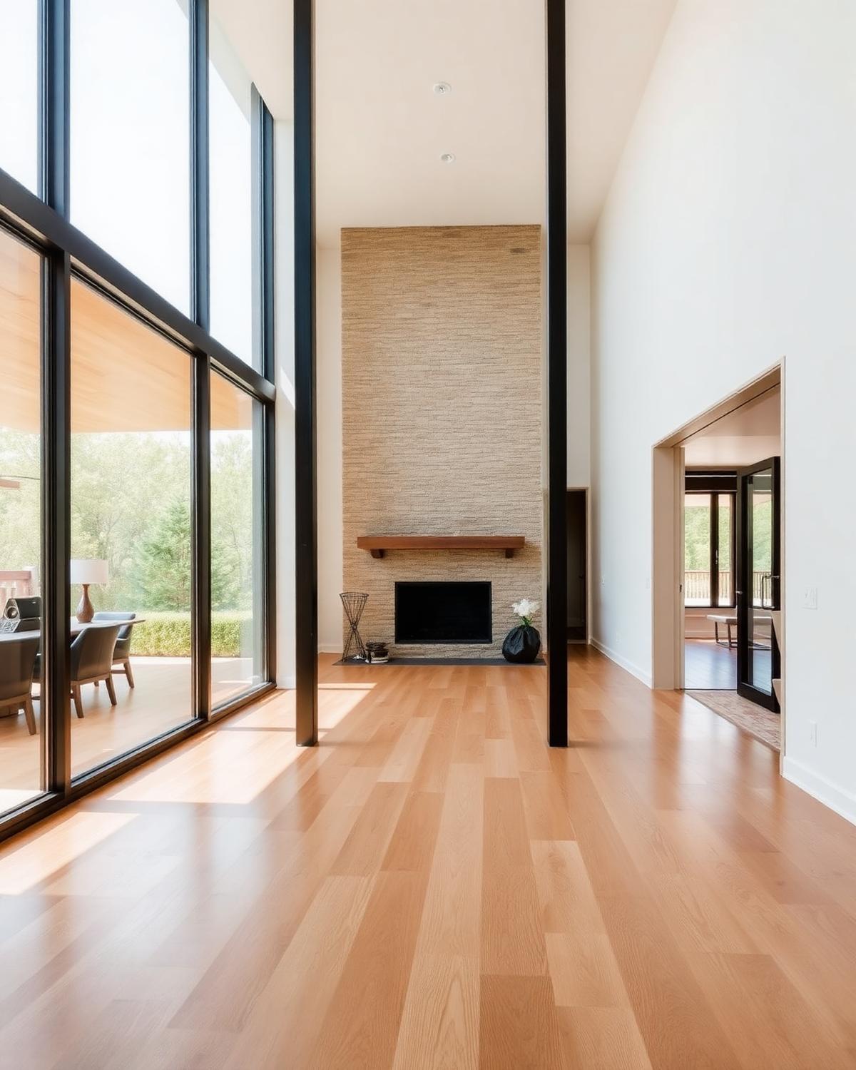 Sunlit modern interior with oak flooring and architectural lines