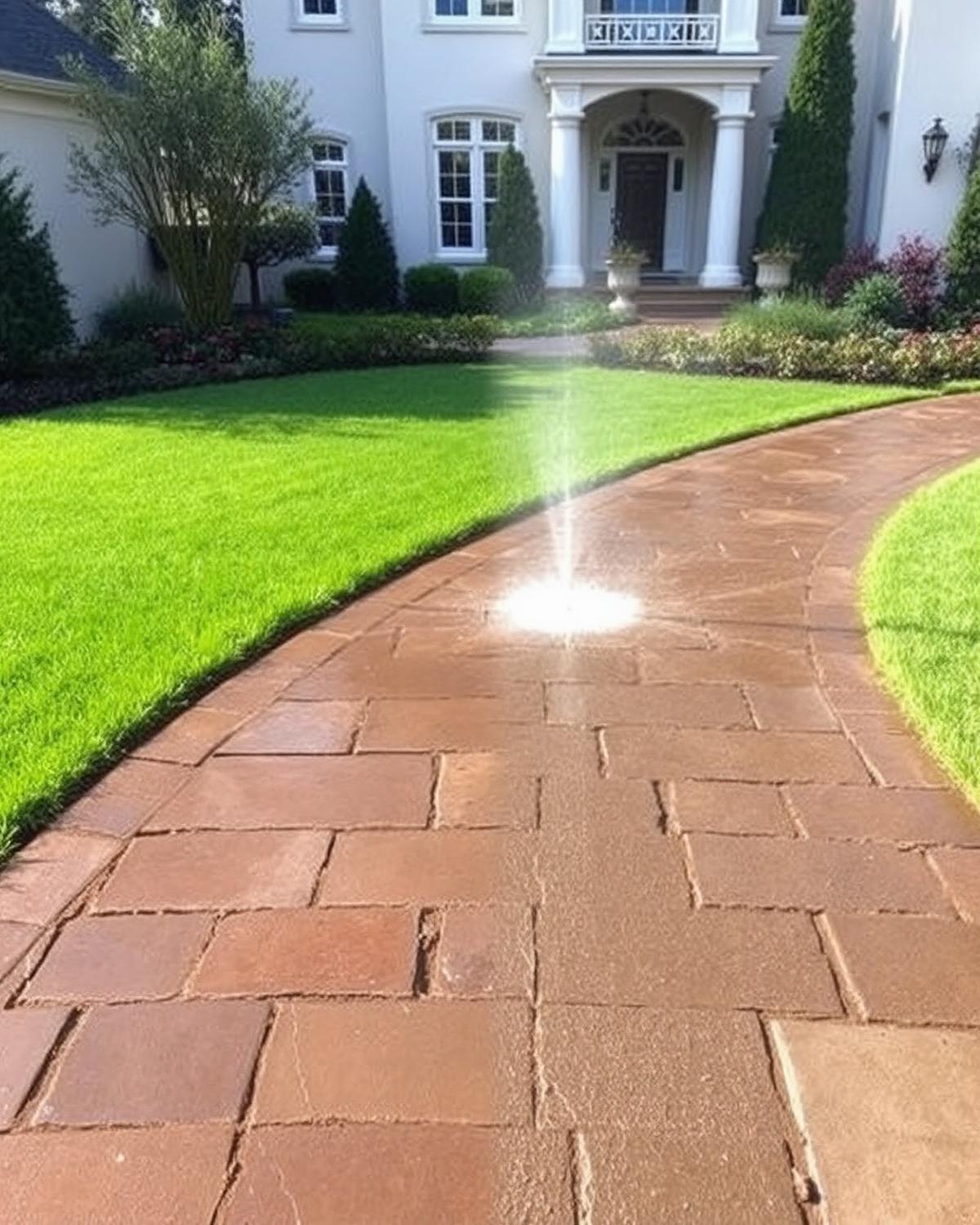 Stone walkway being pressure washed and restored