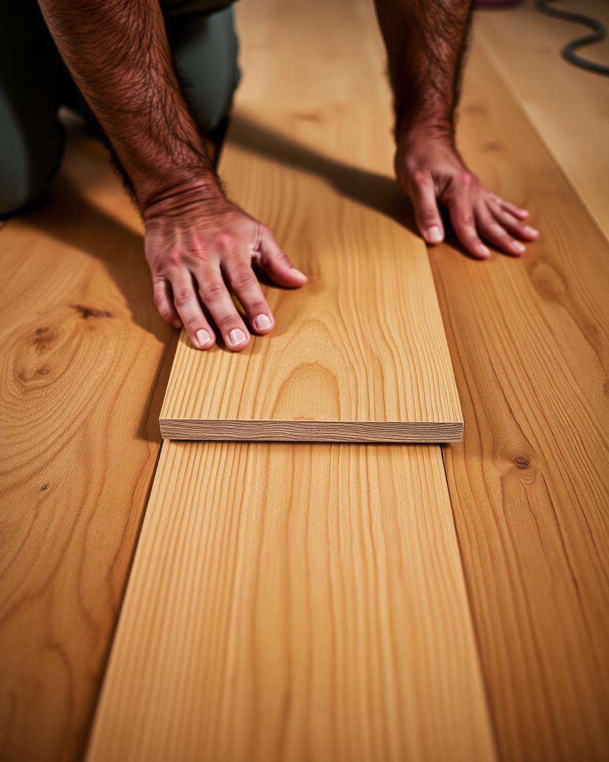 Hands installing a wide oak floor plank